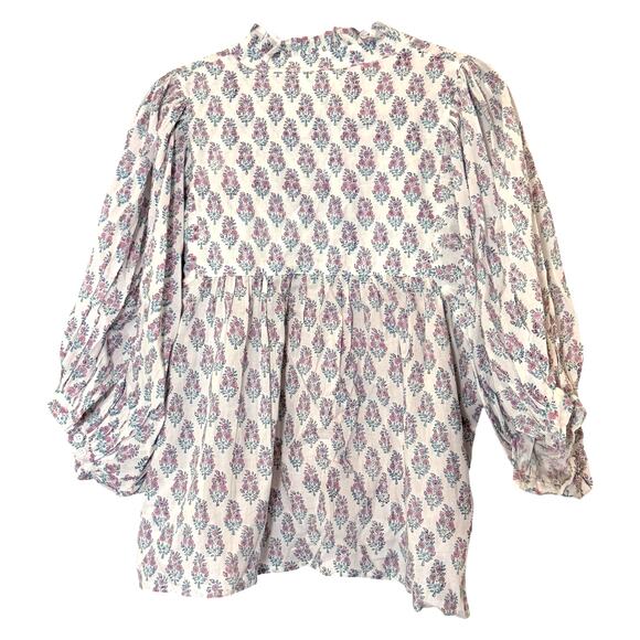 Sur La Vague Women's Puff Sleeve Flowy Ruffle Neck Floral‎ Blouse Blue Pink - Picture 4 of 6